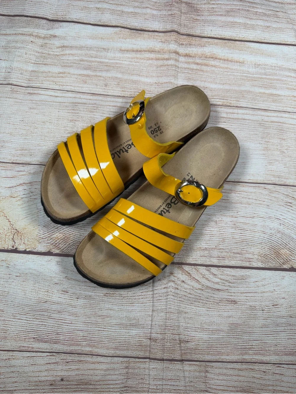 Betula Birkenstock Yellow Patent Strappy Slide Sandals